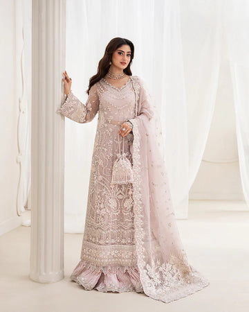 Ela Faiza Saqlain dusty rose stitched organza outfit with embroidered dupatta and silk trousers – Pakistanimoda Canada delivery