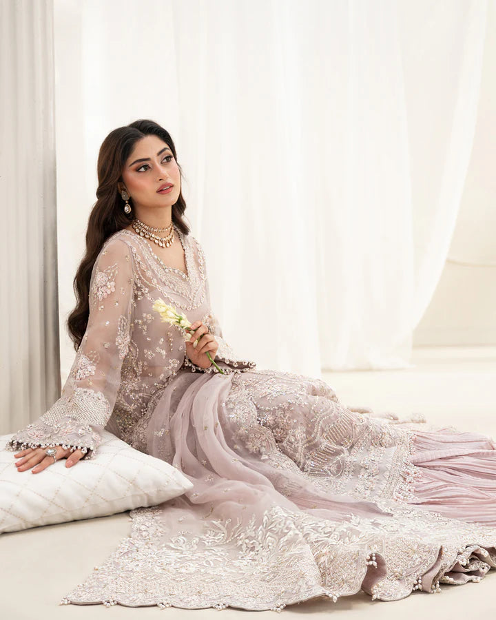 Ela Faiza Saqlain dusty rose stitched organza outfit with embroidered dupatta and silk trousers – Pakistanimoda Canada delivery