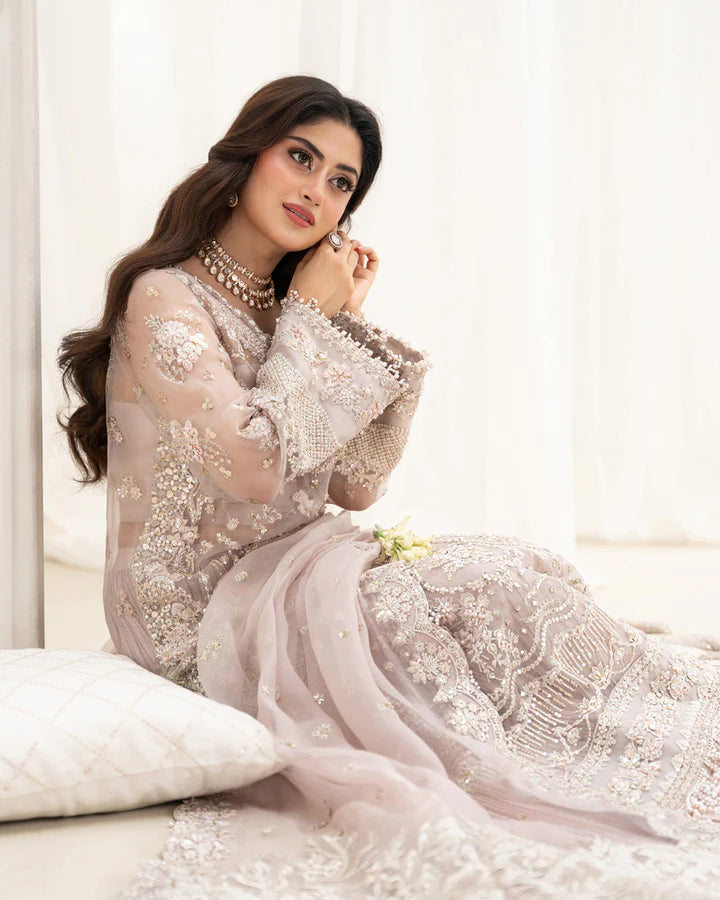 Ela Faiza Saqlain dusty rose stitched organza outfit with embroidered dupatta and silk trousers – Pakistanimoda Canada delivery