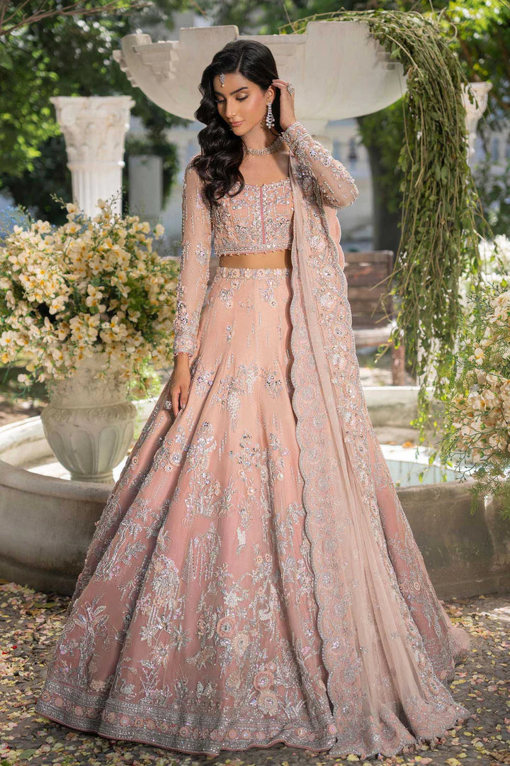 Maria B Elain Royal-Rawa Powder Pink Bridal Lehenga hand-embellished with mirror & pearl embroidery stitched luxury – Pakistanimoda