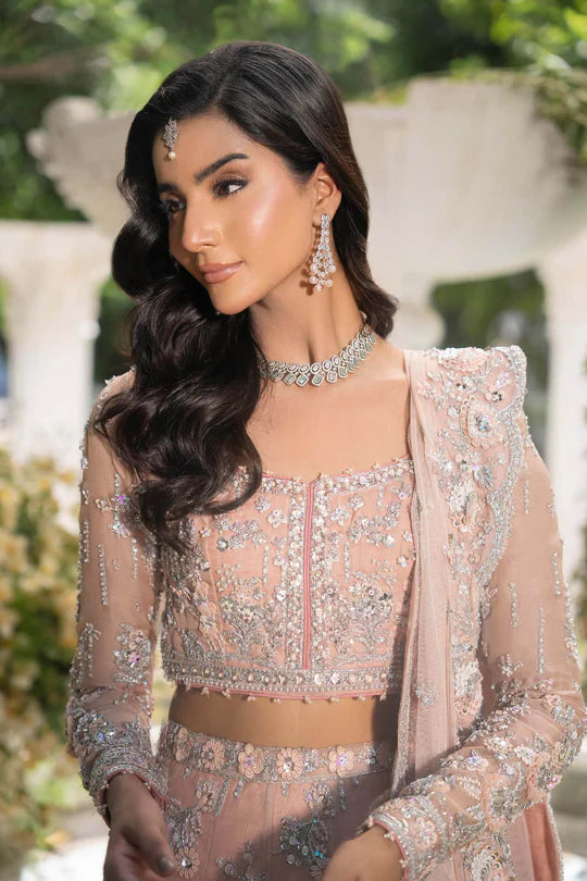 Maria B Elain Royal-Rawa Powder Pink Bridal Lehenga hand-embellished with mirror & pearl embroidery stitched luxury – Pakistanimoda