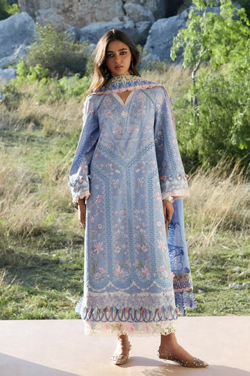 Elani sky blue Summer Eid lawn stitched suit by Suffuse with embroidered shirt and chiffon dupatta