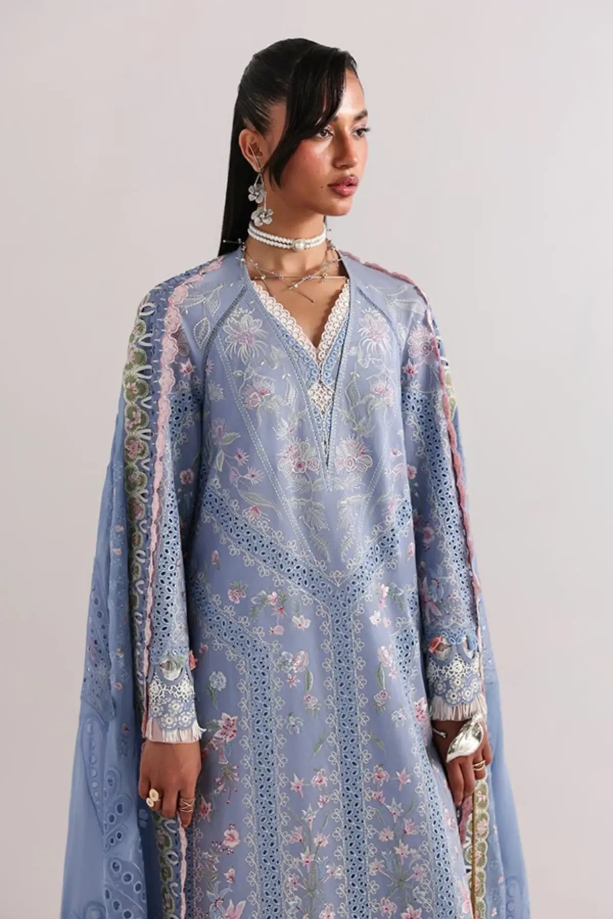 Elani sky blue Summer Eid lawn stitched suit by Suffuse with embroidered shirt and chiffon dupatta