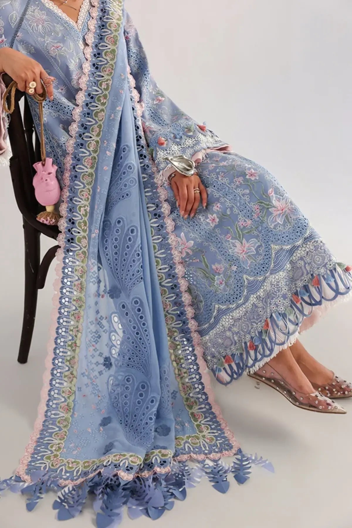 Elani sky blue Summer Eid lawn stitched suit by Suffuse with embroidered shirt and chiffon dupatta
