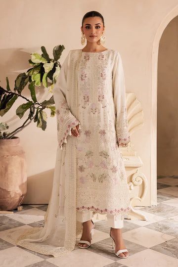 Off-white embroidered chiffon suit with organza detailing and raw silk trouser – ideal for weddings and Eid wear for Pakistani women in USA and UK.

