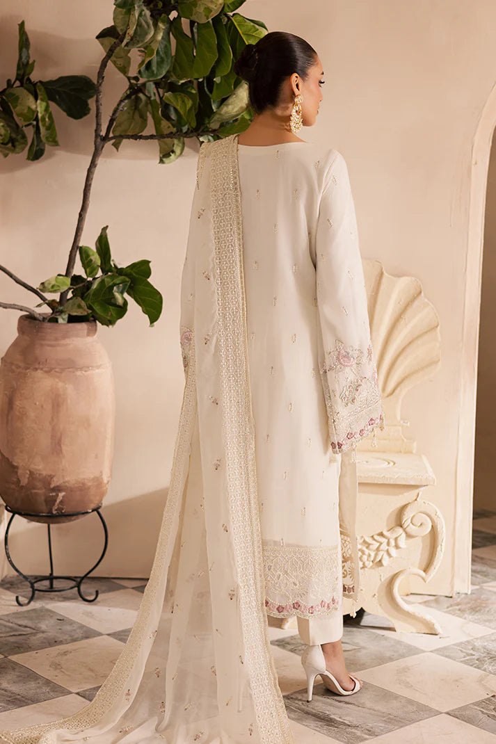 Off-white embroidered chiffon suit with organza detailing and raw silk trouser – ideal for weddings and Eid wear for Pakistani women in USA and UK.

