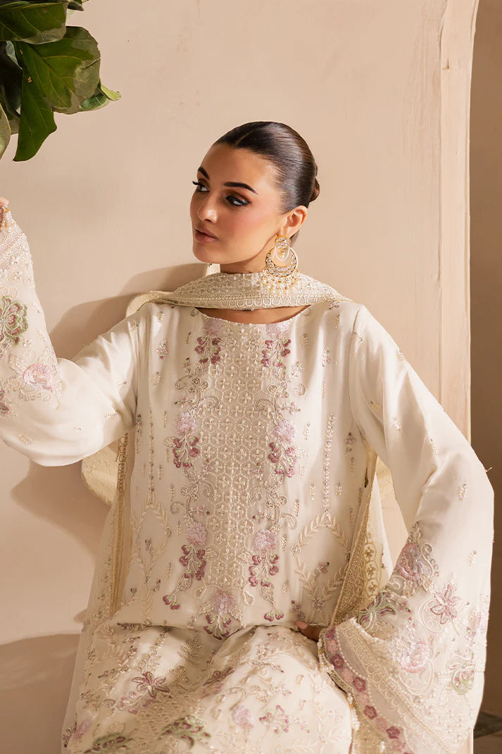 Off-white embroidered chiffon suit with organza detailing and raw silk trouser – ideal for weddings and Eid wear for Pakistani women in USA and UK.

