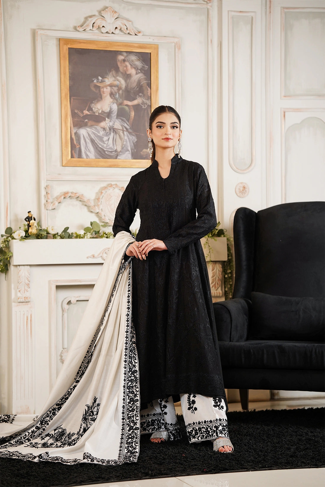 Elara black khaadi net embroidered frock with Korean silk palazzo pants and embroidered silk dupatta by MariamRaj