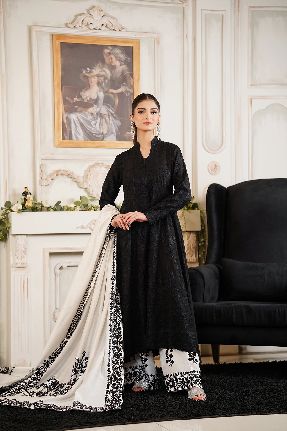 Elara black khaadi net embroidered frock with Korean silk palazzo pants and embroidered silk dupatta by MariamRaj