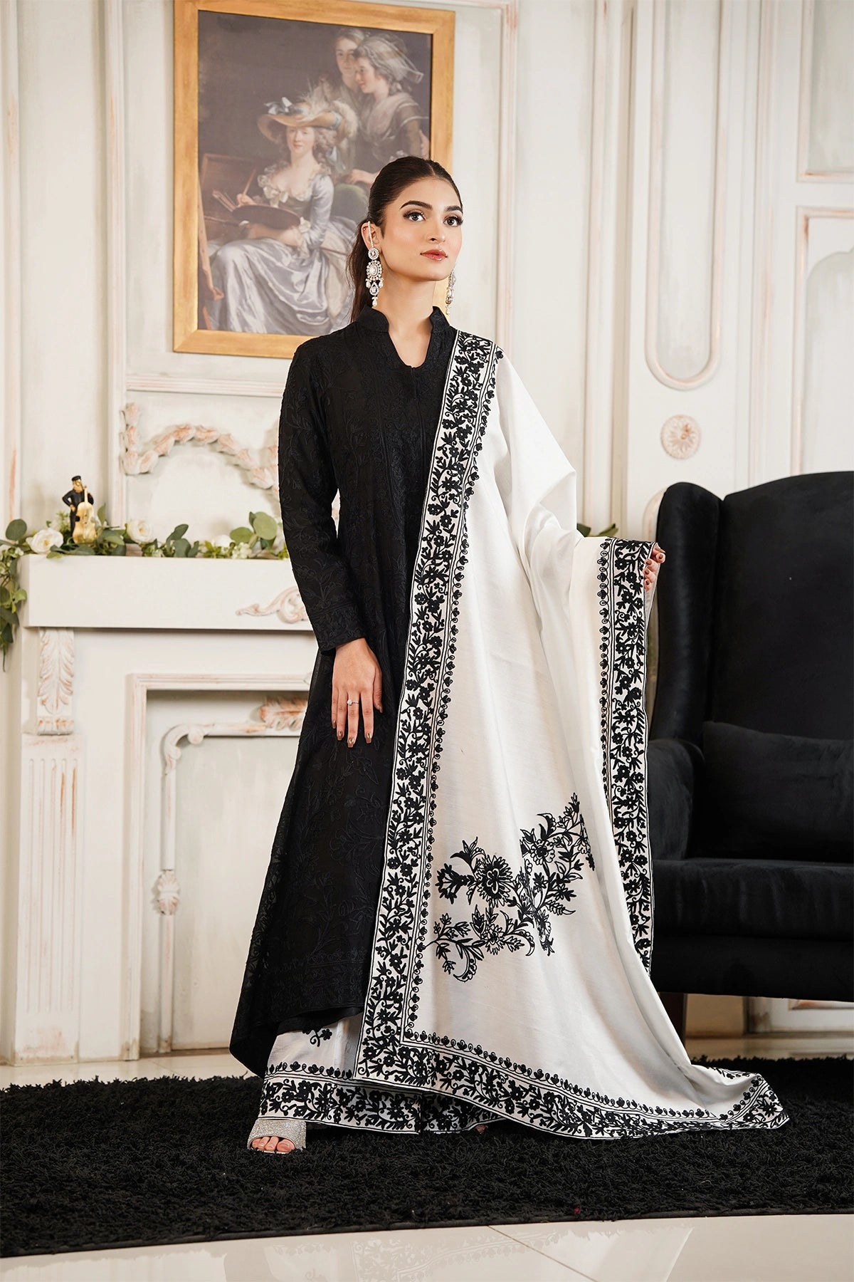 Elara black khaadi net embroidered frock with Korean silk palazzo pants and embroidered silk dupatta by MariamRaj