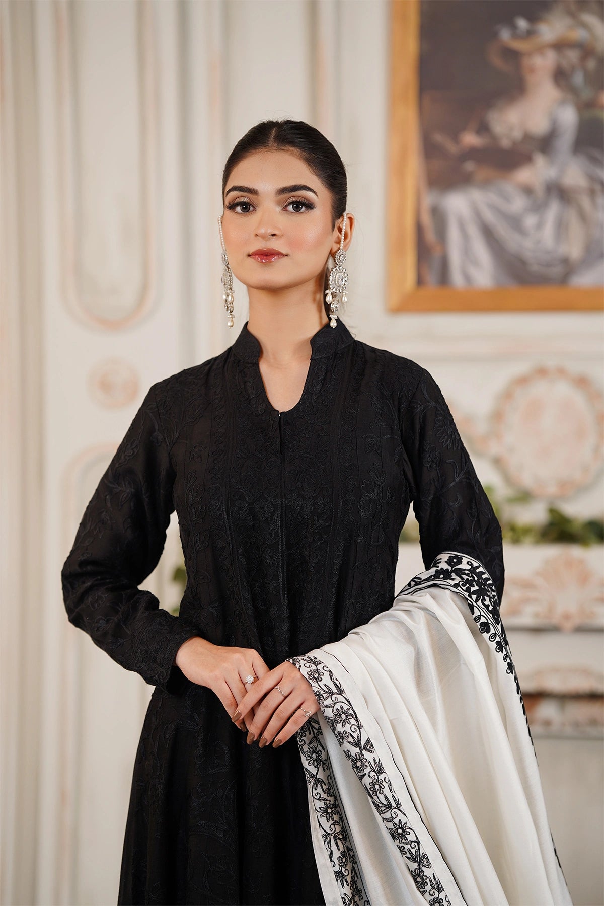 Elara black khaadi net embroidered frock with Korean silk palazzo pants and embroidered silk dupatta by MariamRaj