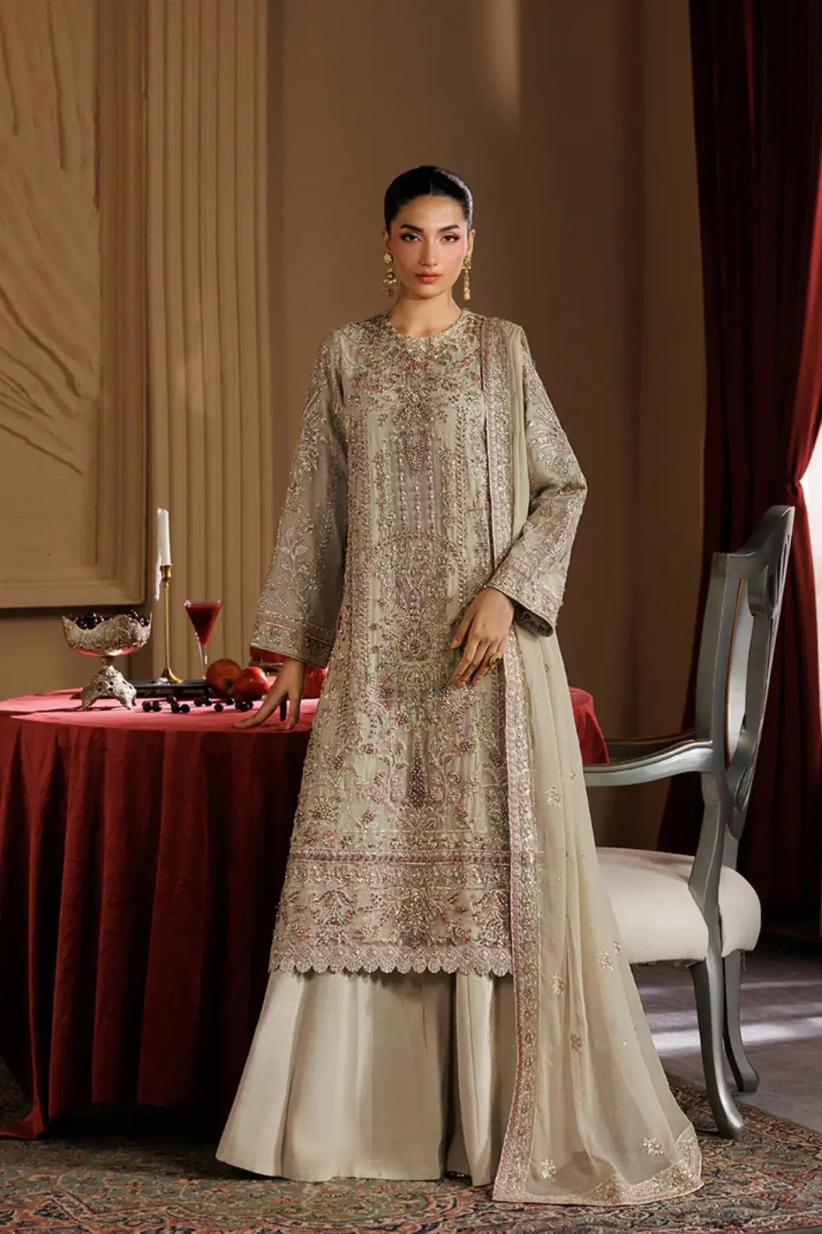 Elara by Emaan Adeel Beige Embroidered Chiffon Stitched 3PC Suit from Celeste Festive Edit'26 Collection