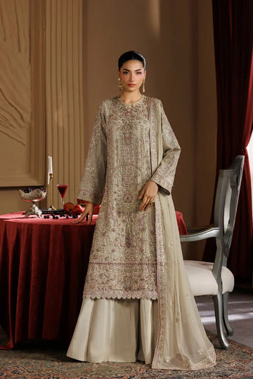 Elara by Emaan Adeel Beige Embroidered Chiffon Stitched 3PC Suit from Celeste Festive Edit'26 Collection