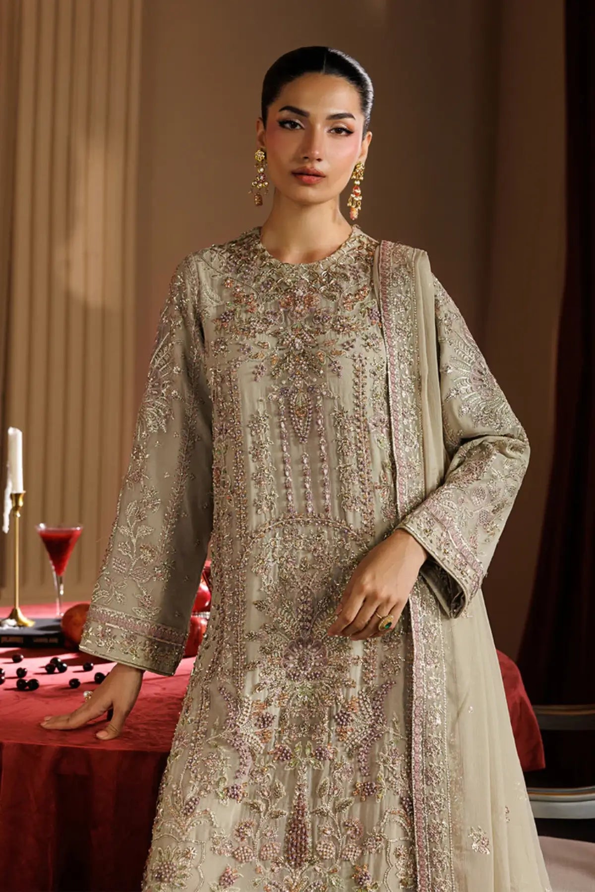 Elara by Emaan Adeel Beige Embroidered Chiffon Stitched 3PC Suit from Celeste Festive Edit'26 Collection