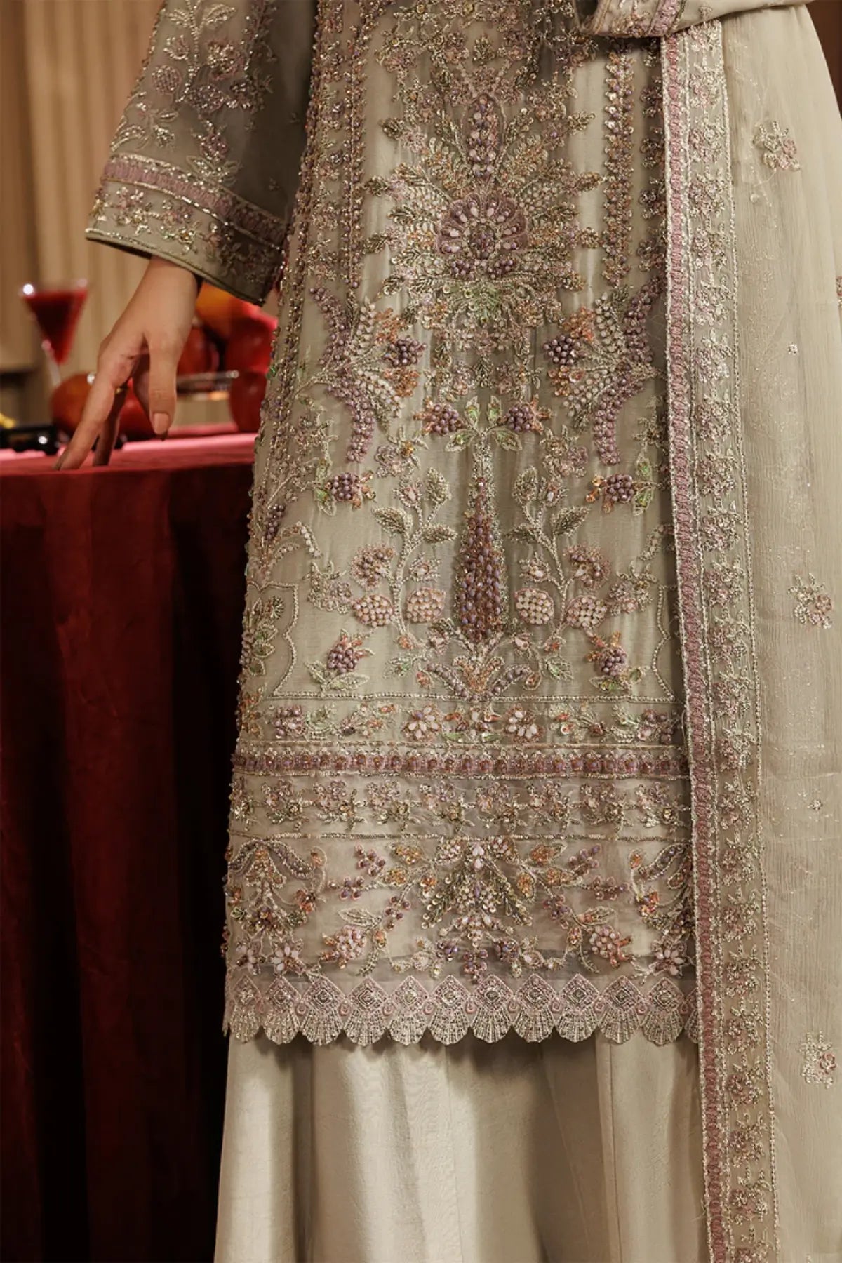 Elara by Emaan Adeel Beige Embroidered Chiffon Stitched 3PC Suit from Celeste Festive Edit'26 Collection