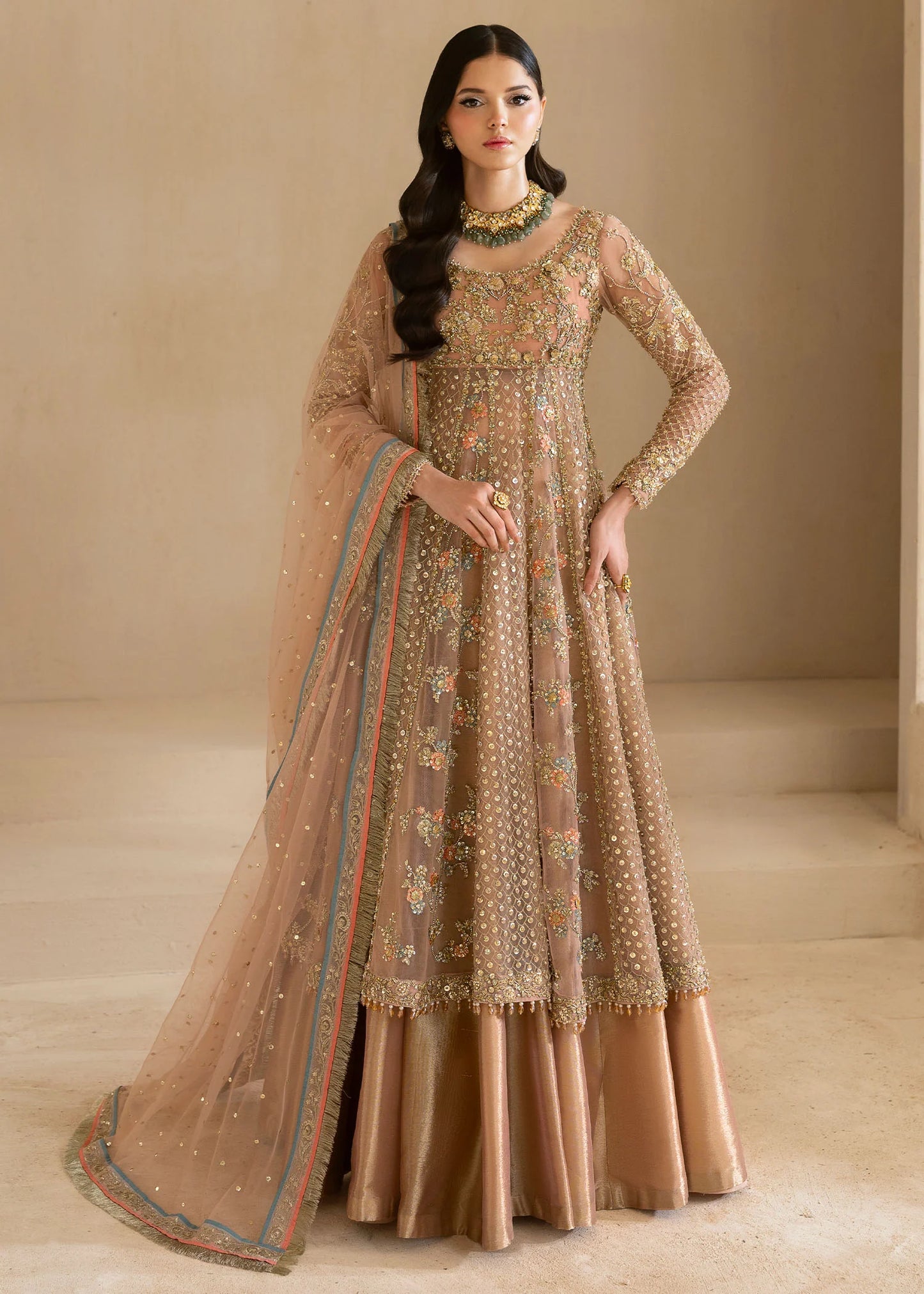 Dusty pink Pakistani formal gown with lehenga and net dupatta – Elara by Pakistanimoda