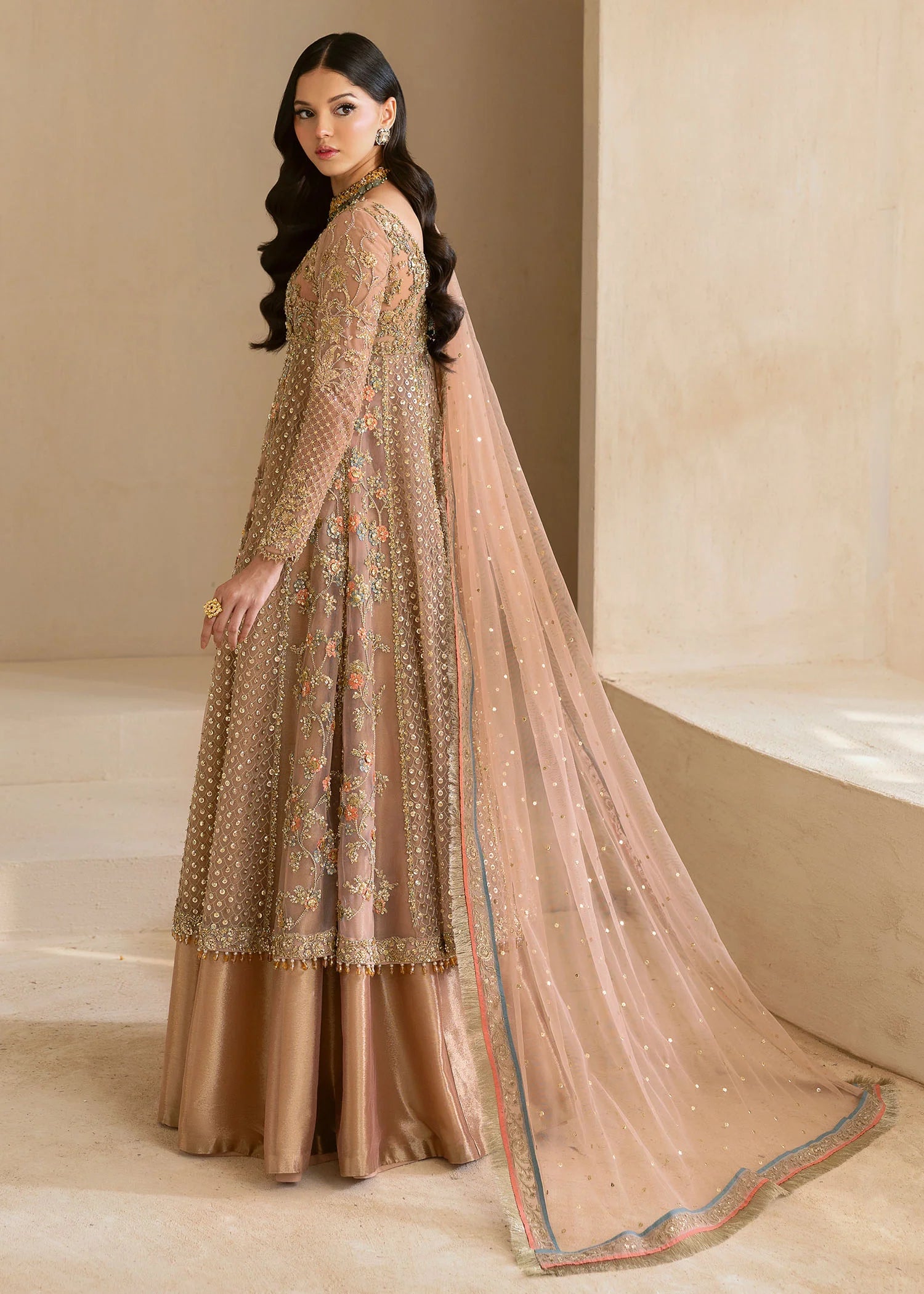 Dusty pink Pakistani formal gown with lehenga and net dupatta – Elara by Pakistanimoda