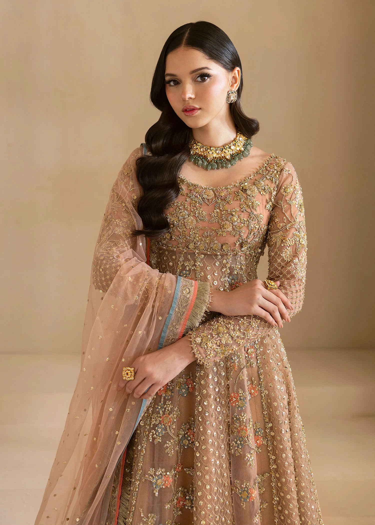 Dusty pink Pakistani formal gown with lehenga and net dupatta – Elara by Pakistanimoda