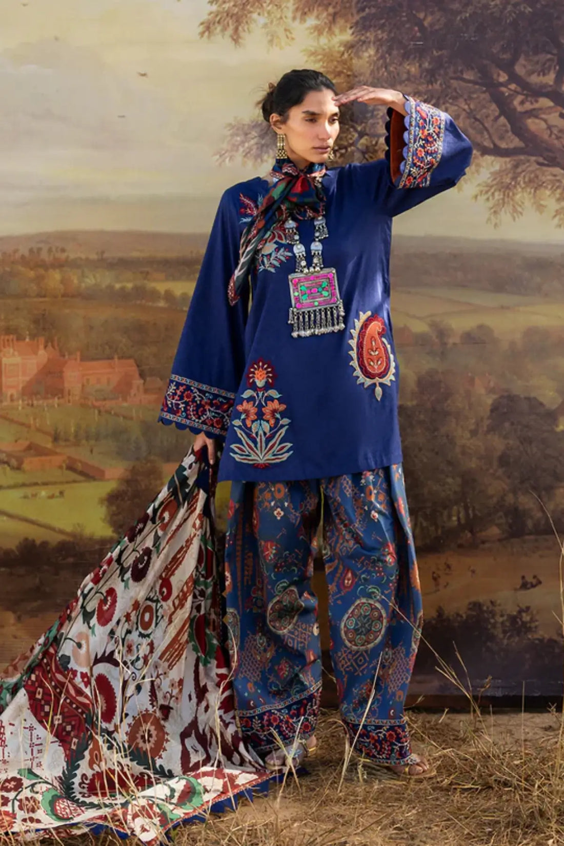ara navy summer lawn 3PC by Zainab Chottani with silk dupatta