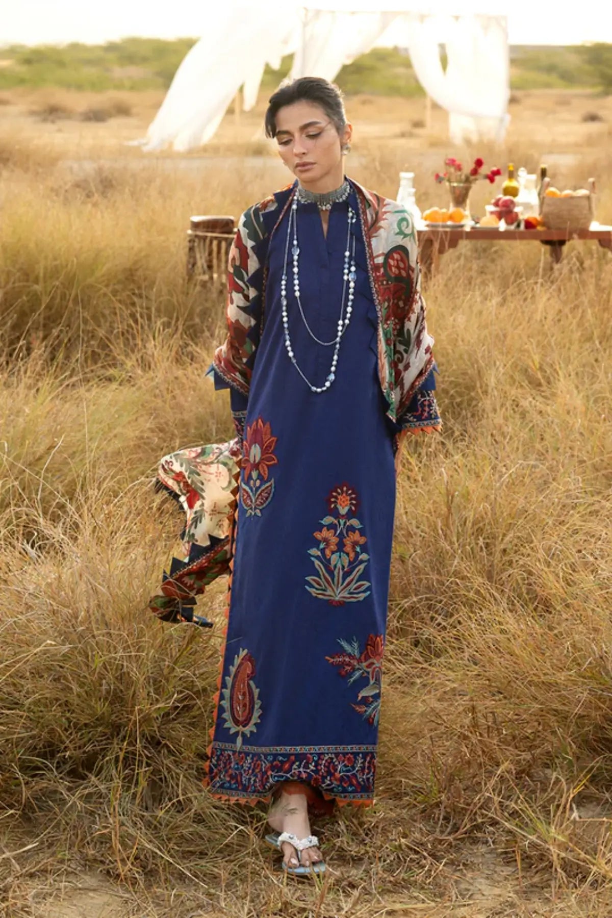 ara navy summer lawn 3PC by Zainab Chottani with silk dupatta