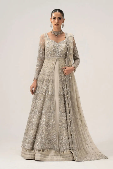 Elaria ivory embellished bridal gown by Maria B with net dupatta, pearl detailing and raw silk frock