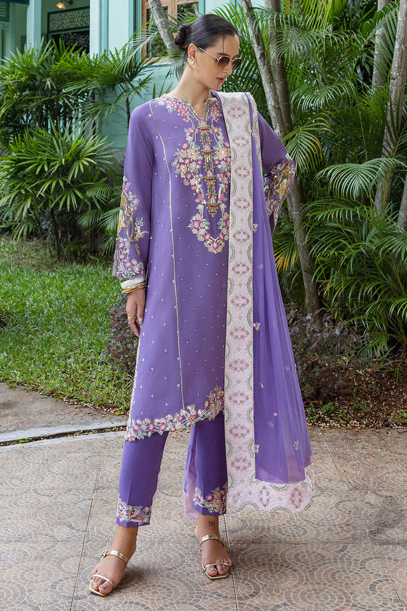 Elaris designer purple raw silk embroidered party wear suit with chiffon dupatta – stitched festive outfit online.