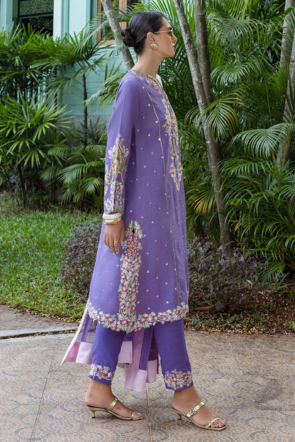 Elaris designer purple raw silk embroidered party wear suit with chiffon dupatta – stitched festive outfit online.