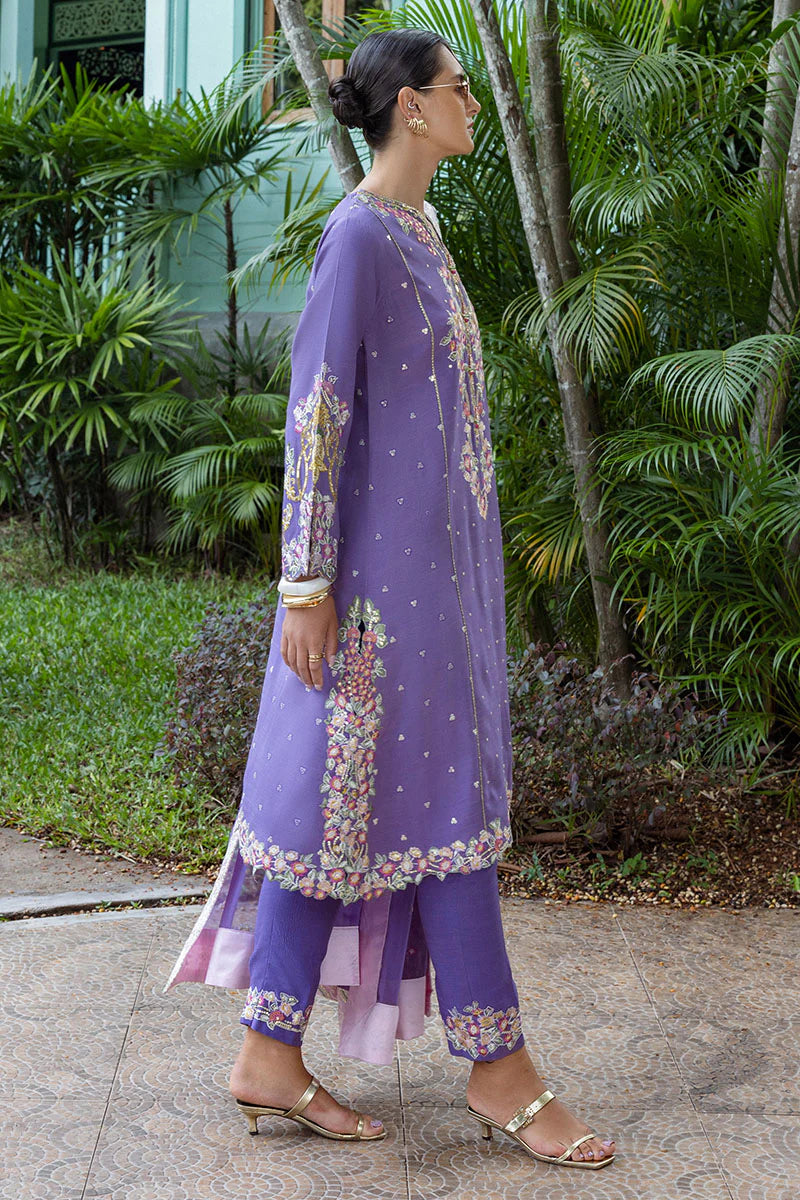 Elaris designer purple raw silk embroidered party wear suit with chiffon dupatta – stitched festive outfit online.