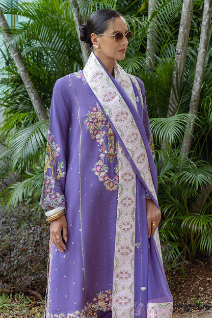Elaris designer purple raw silk embroidered party wear suit with chiffon dupatta – stitched festive outfit online.