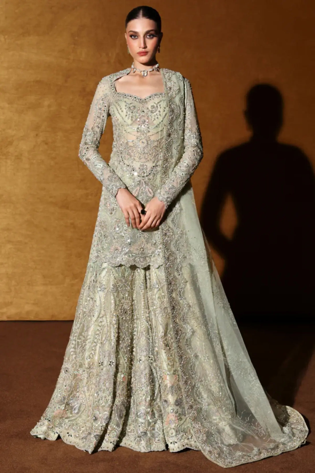 Elaris by Soraya pistachio green hand embellished sharara dress with net dupatta
