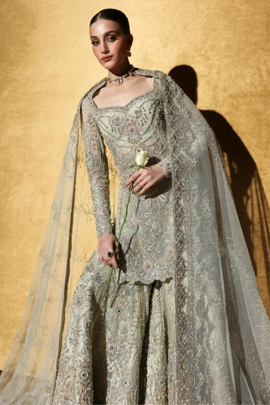 Elaris by Soraya pistachio green hand embellished sharara dress with net dupatta