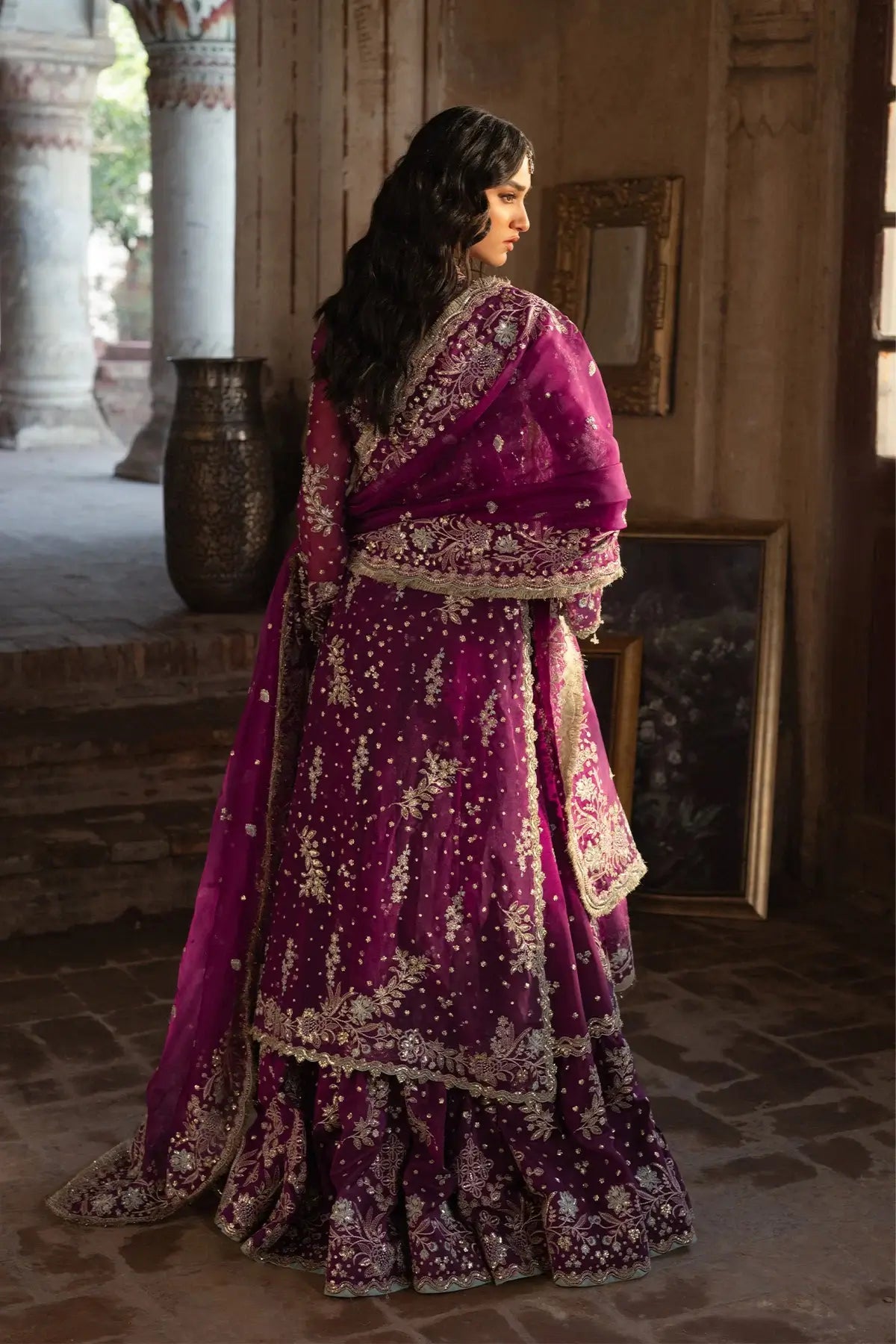 Elaya Vasl 26 magenta handworked organza Pakistani wedding stitched lehenga with embroidered shirt, silk lehenga and organza dupatta