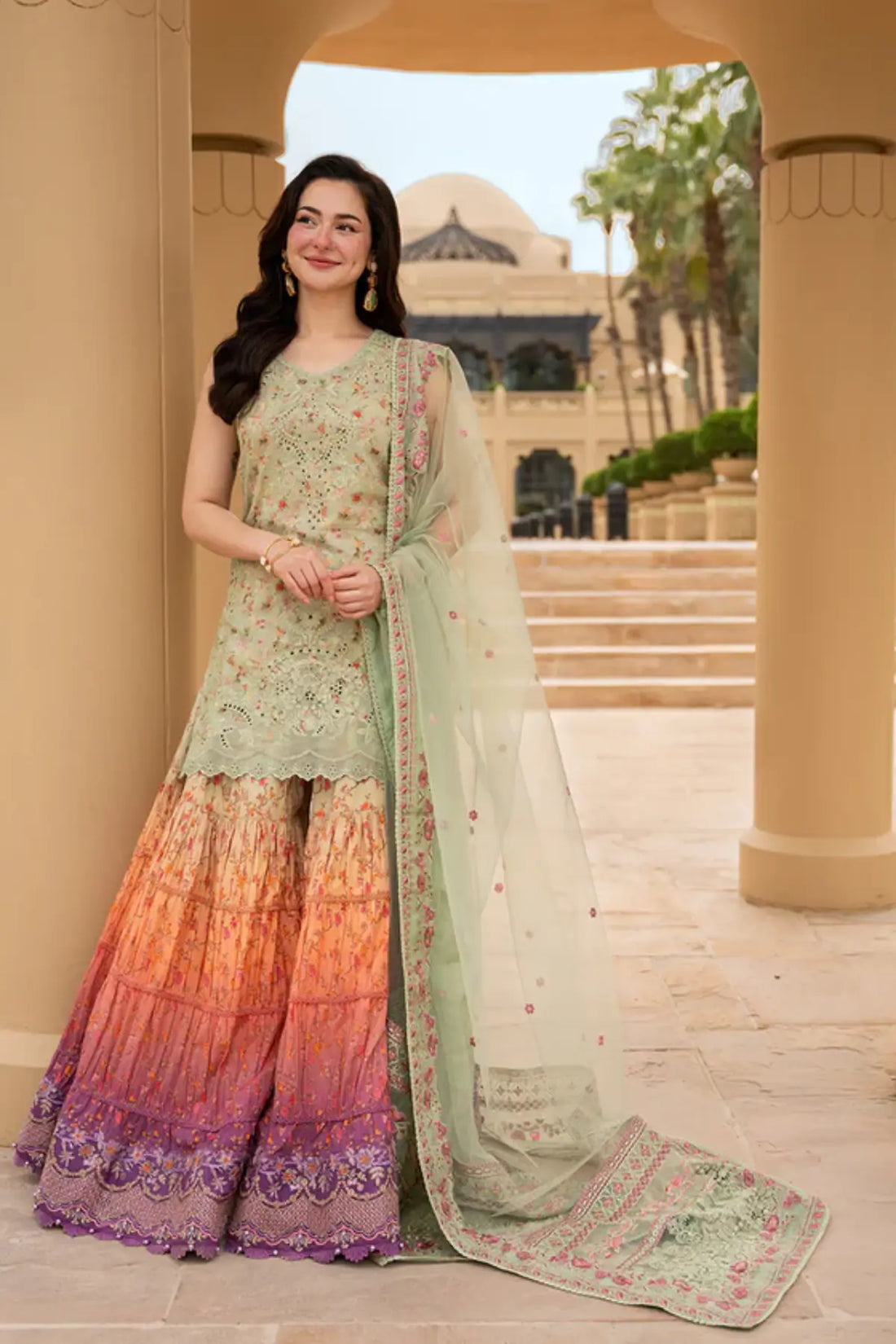 Eldira Faiza Saqlain Aya pistachio lawn stitched gharara suit Pakistanimoda