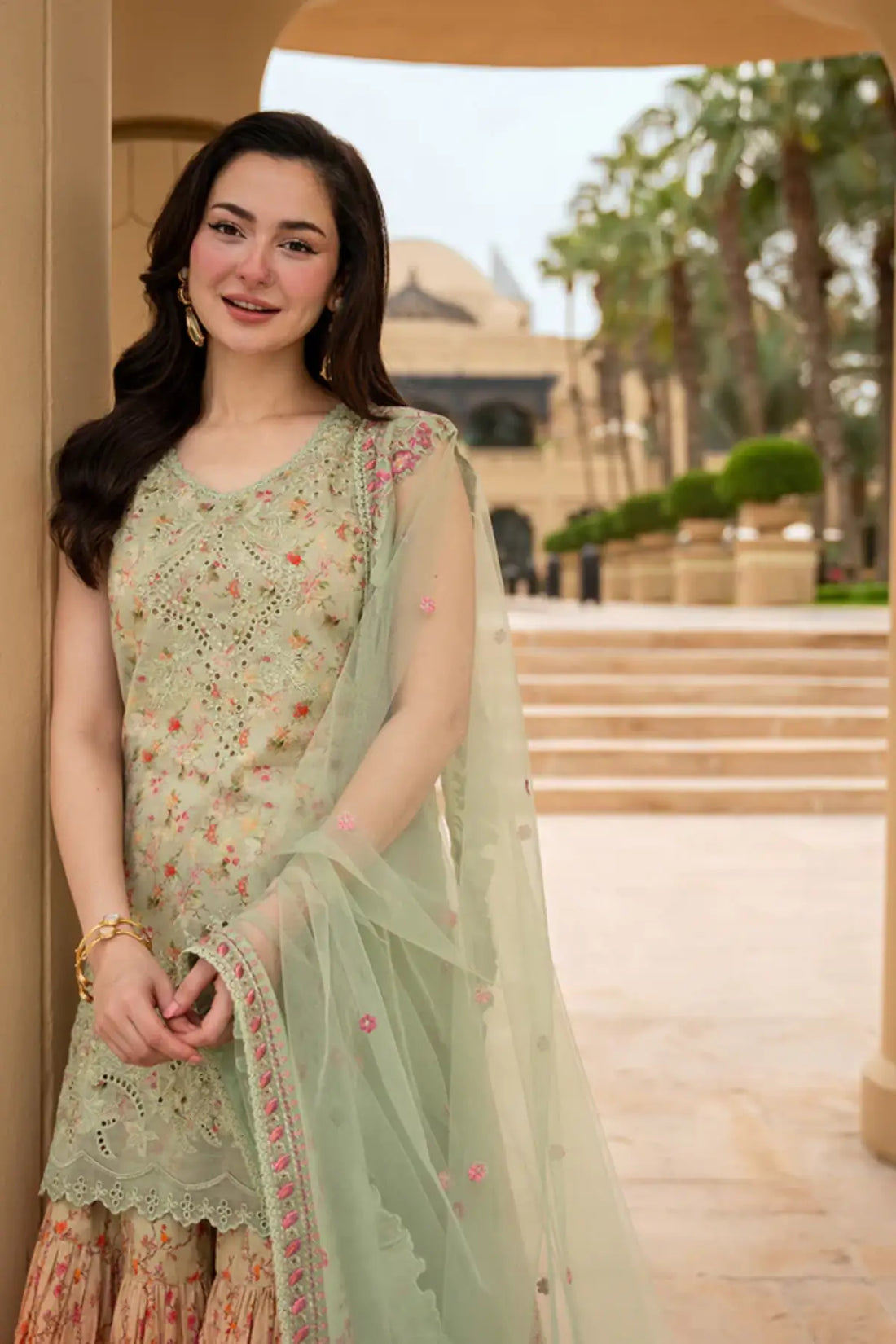 Eldira Faiza Saqlain Aya pistachio lawn stitched gharara suit Pakistanimoda