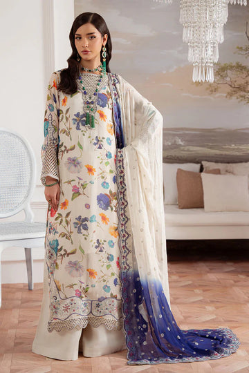 Elegant off-white stitched chiffon suit by Nureh – AM-26 with embroidered organza detailing, available at Pakistanimoda for Eid and festive wear worldwide