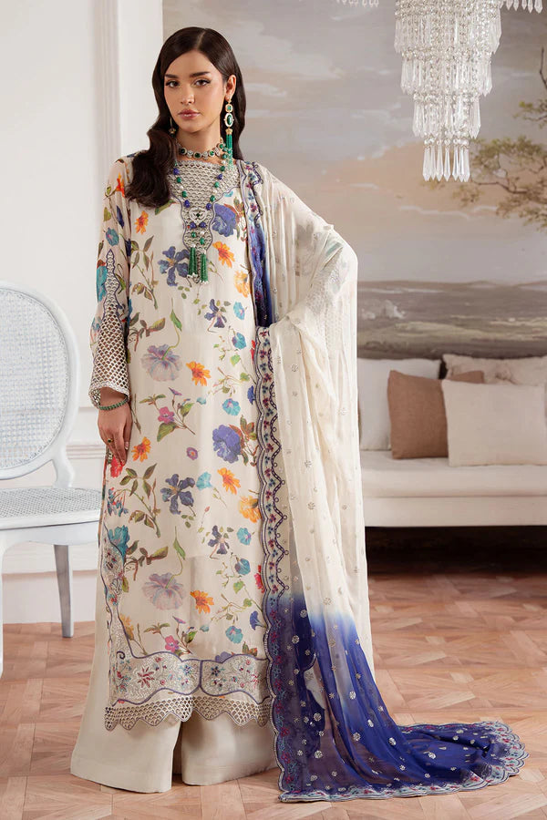 Elegant off-white stitched chiffon suit by Nureh – AM-26 with embroidered organza detailing, available at Pakistanimoda for Eid and festive wear worldwide