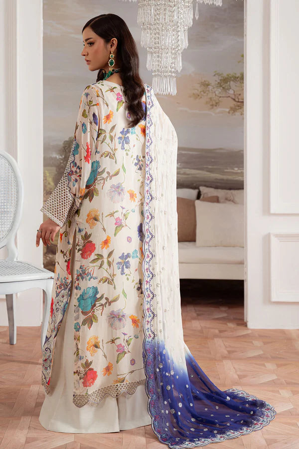 Elegant off-white stitched chiffon suit by Nureh – AM-26 with embroidered organza detailing, available at Pakistanimoda for Eid and festive wear worldwide