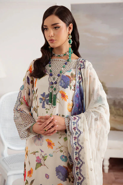 Elegant off-white stitched chiffon suit by Nureh – AM-26 with embroidered organza detailing, available at Pakistanimoda for Eid and festive wear worldwide