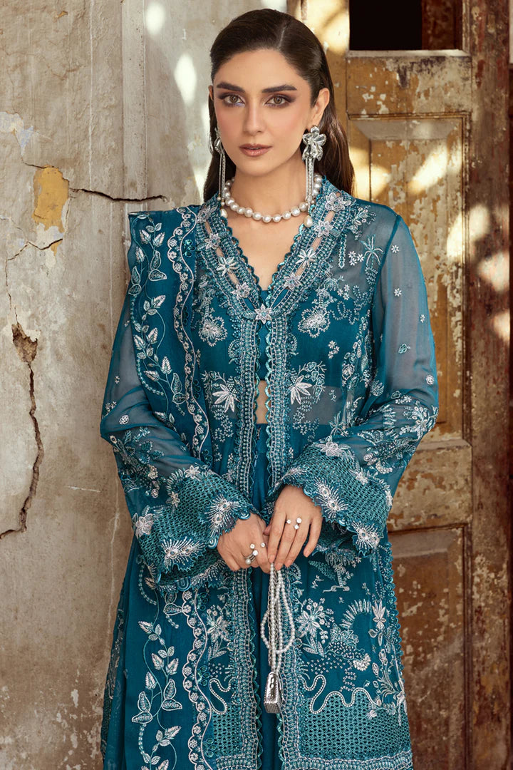 WC-04 NESSA stitched emerald green chiffon dress by Qalamkar with 3D embroidery and lace – formal party outfit available at Pakistanimoda worldwide
