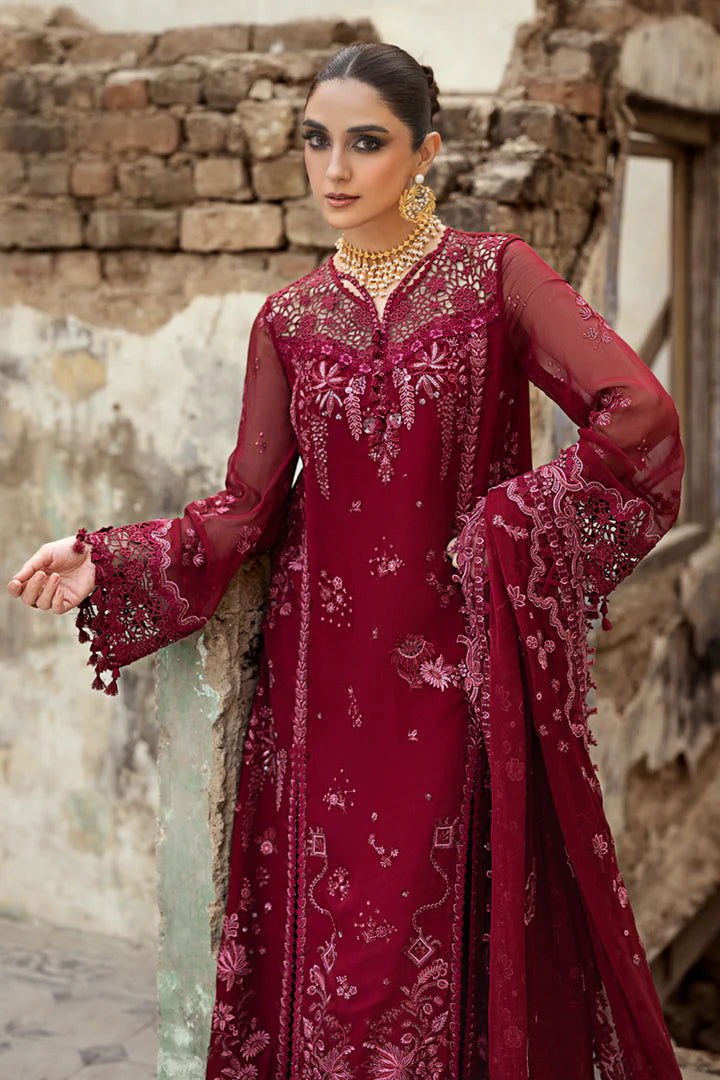 WC-06 JAYNE stitched maroon chiffon ensemble with schiffli embroidery and embroidered dupatta – Qalamkar design available at Pakistanimoda worldwide