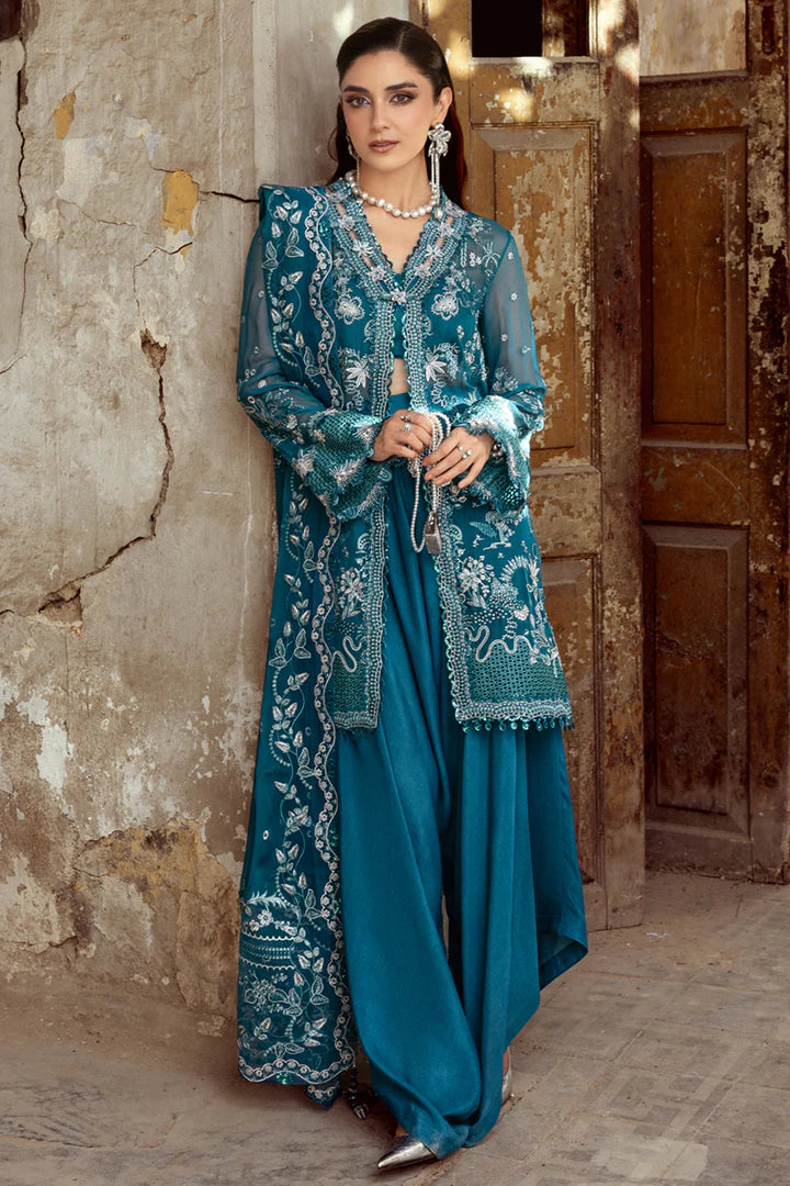 WC-04 NESSA stitched emerald green chiffon dress by Qalamkar with 3D embroidery and lace – formal party outfit available at Pakistanimoda worldwide