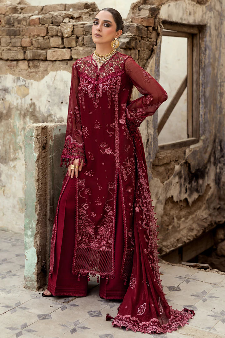 WC-06 JAYNE stitched maroon chiffon ensemble with schiffli embroidery and embroidered dupatta – Qalamkar design available at Pakistanimoda worldwide