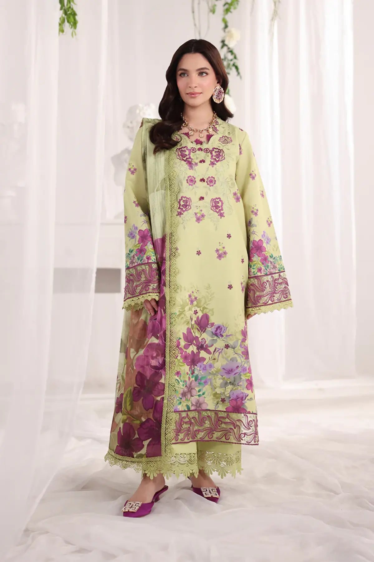 Elena Rang Rasiya Pistachio summer lawn stitched 3PC suit with embroidered front, organza borders, textured dupatta and cotton trousers
