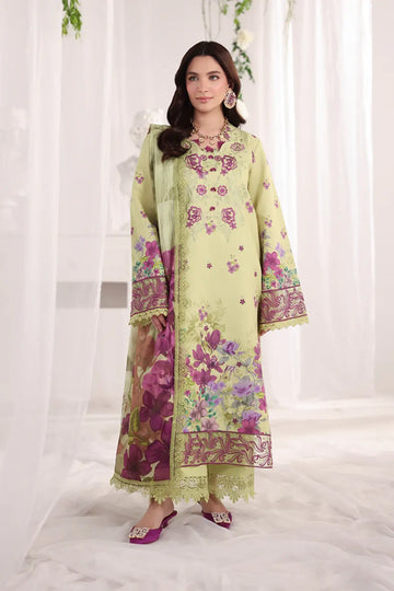 Elena Rang Rasiya Pistachio summer lawn stitched 3PC suit with embroidered front, organza borders, textured dupatta and cotton trousers