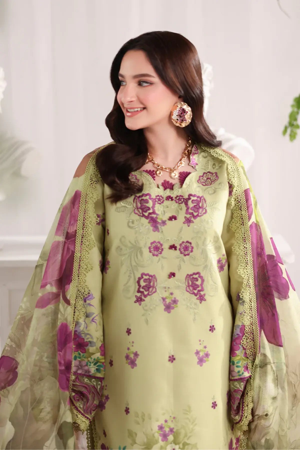 Elena Rang Rasiya Pistachio summer lawn stitched 3PC suit with embroidered front, organza borders, textured dupatta and cotton trousers