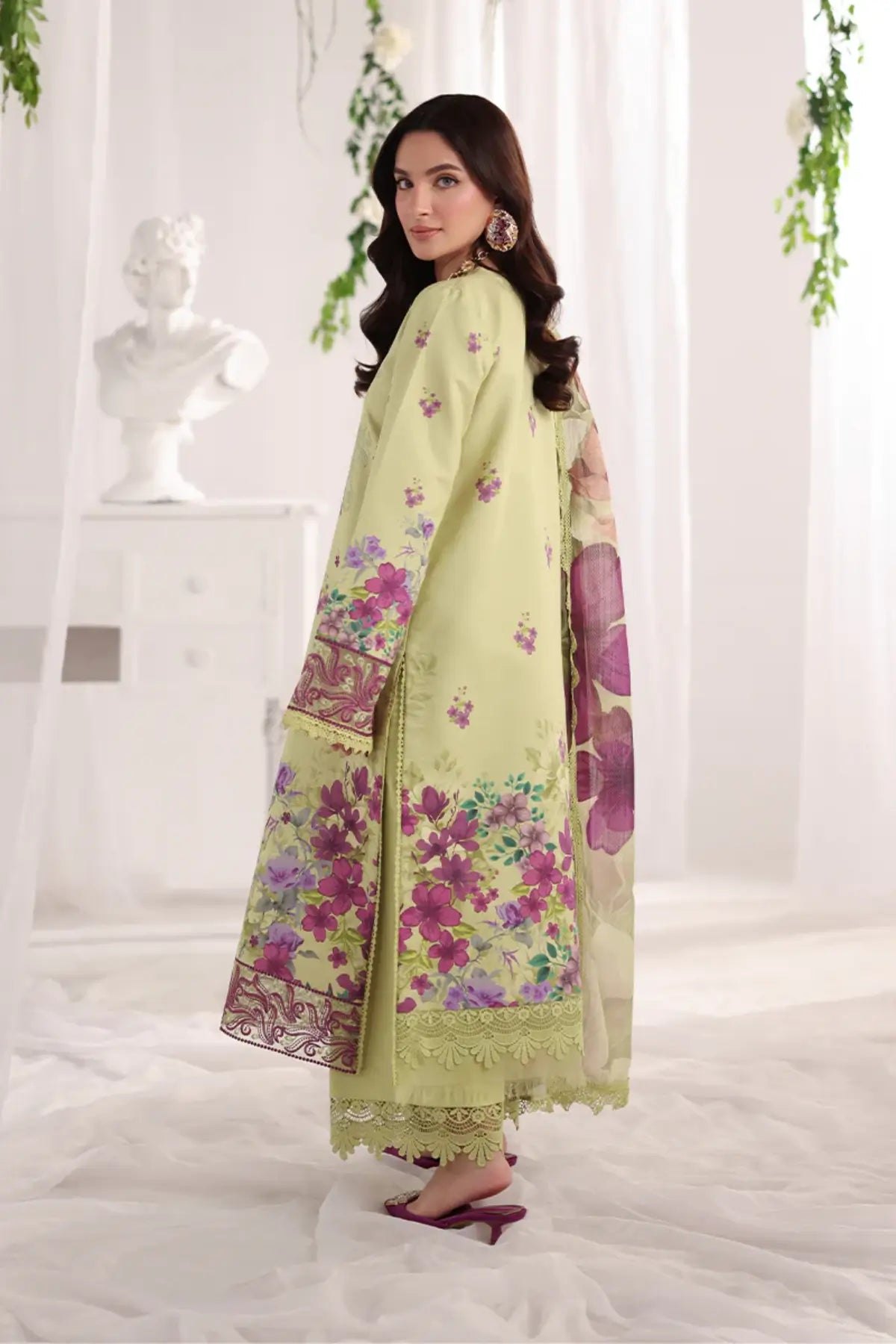 Elena Rang Rasiya Pistachio summer lawn stitched 3PC suit with embroidered front, organza borders, textured dupatta and cotton trousers