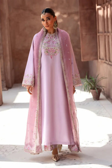 Lavender pink embroidered tussar silk kurta set by Eleya with organza dupatta for festive occasions