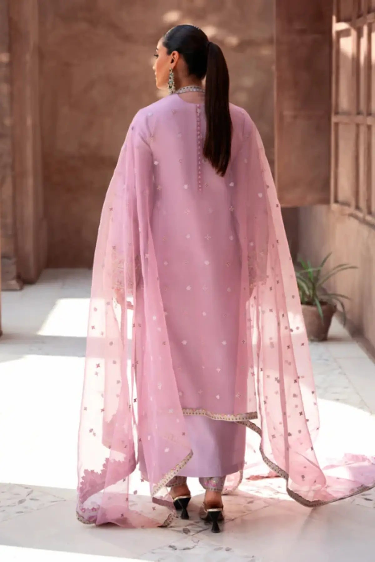 Lavender pink embroidered tussar silk kurta set by Eleya with organza dupatta for festive occasions