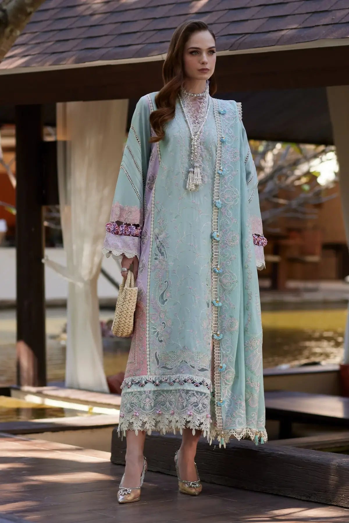 Eliana aqua stitched lawn 3PC suit by Kanwal Malik with floral embroidery and net dupatta at Pakistanimoda
