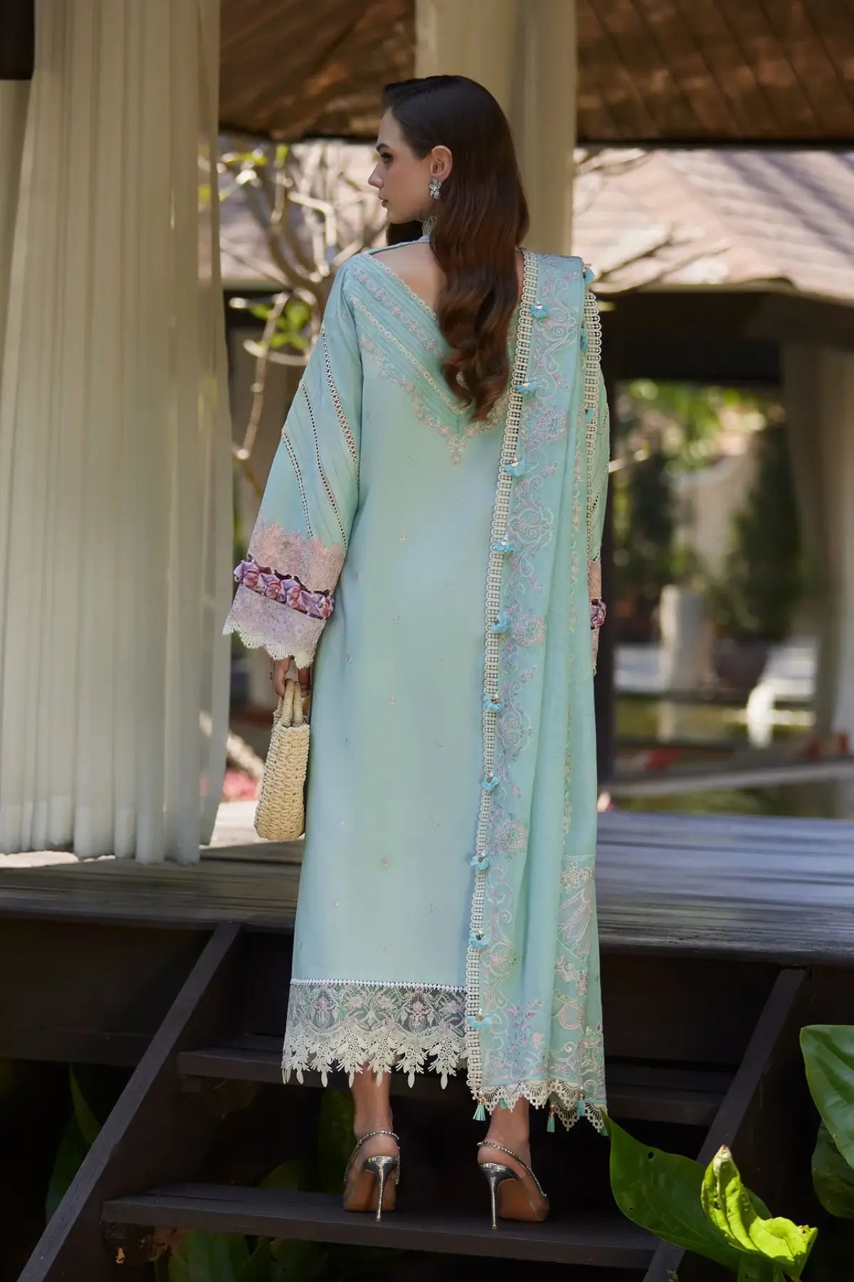 Eliana aqua stitched lawn 3PC suit by Kanwal Malik with floral embroidery and net dupatta at Pakistanimoda
